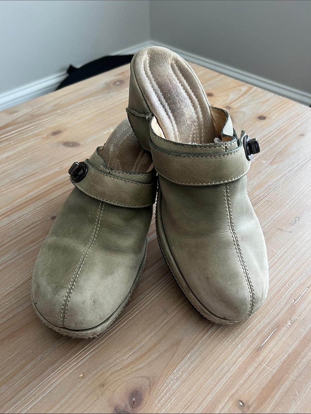 Clarks Olive Slip-On Buckle Clogs